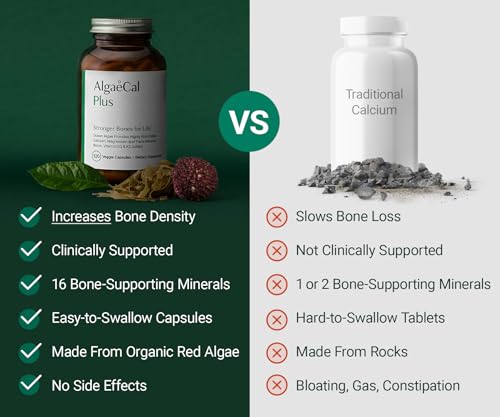 ALGAECAL Organic Red Algae Calcium Supplement for Bone Density & Strength, Vitamin K2 MK7 (100mg), Vitamin D3 (1600 IU), Magnesium (350mg) & Trace Minerals, Easy to Swallow, 120 Veggie Caps
