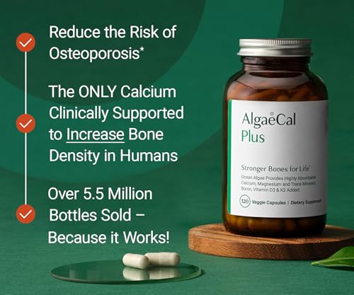 ALGAECAL Organic Red Algae Calcium Supplement for Bone Density & Strength, Vitamin K2 MK7 (100mg), Vitamin D3 (1600 IU), Magnesium (350mg) & Trace Minerals, Easy to Swallow, 120 Veggie Caps