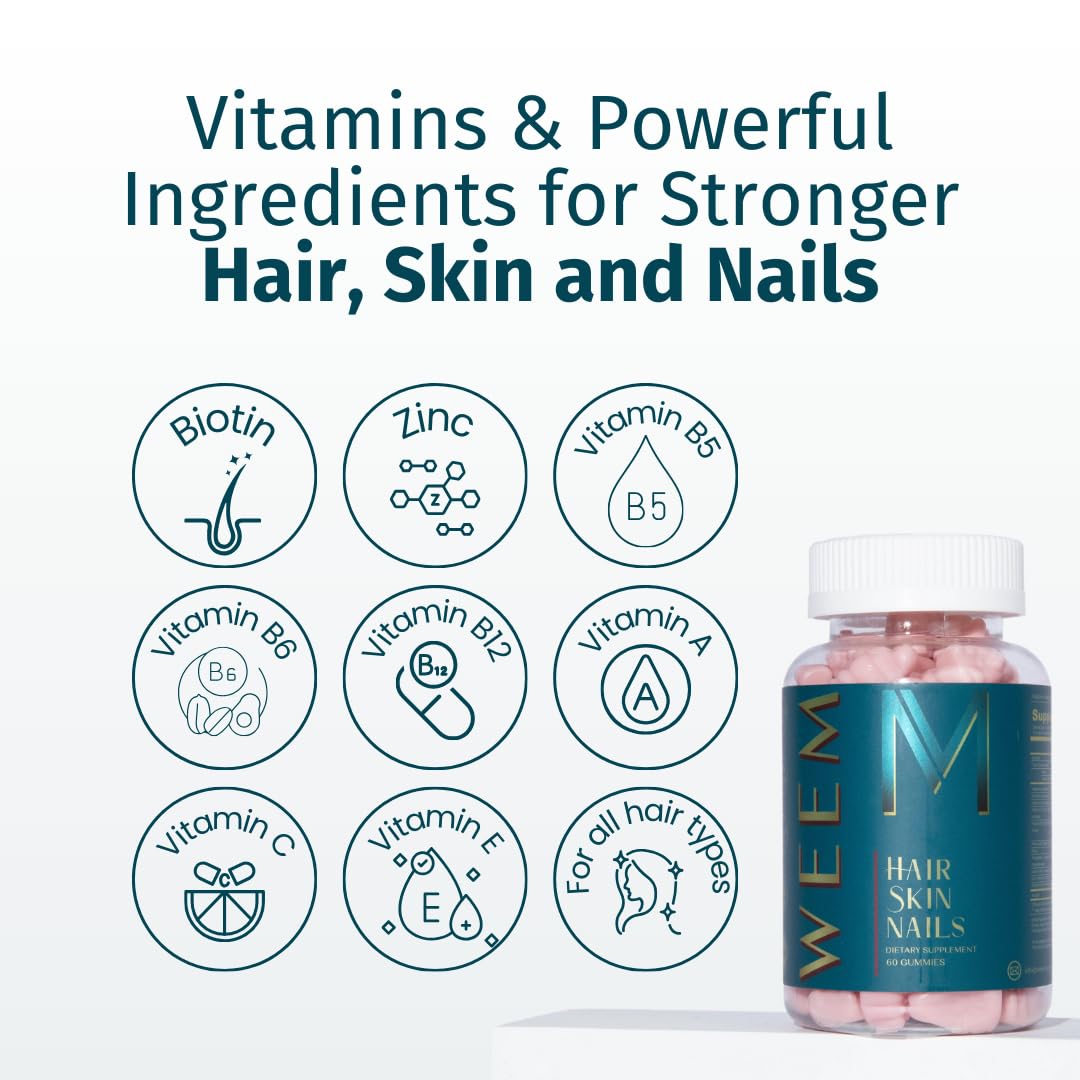 WEEM Hair Skin and Nails Gummies - Supports Healthy Hair - Vegan biotin Vitamins for Women & Men Supports Faster Hair Growth, Stronger Nails, Healthy Skin, Extra Strength