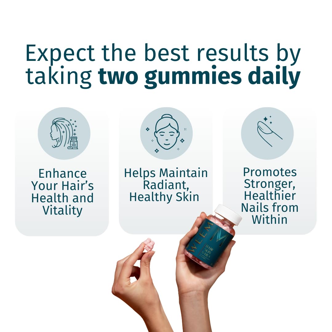 WEEM Hair Skin and Nails Gummies - Supports Healthy Hair - Vegan biotin Vitamins for Women & Men Supports Faster Hair Growth, Stronger Nails, Healthy Skin, Extra Strength