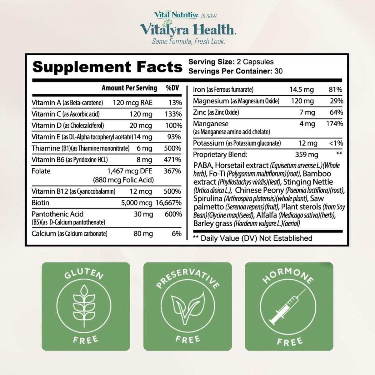 Vital Hair Complex Supplement – Biotin & B Vitamins for Hair, Skin & Nails
