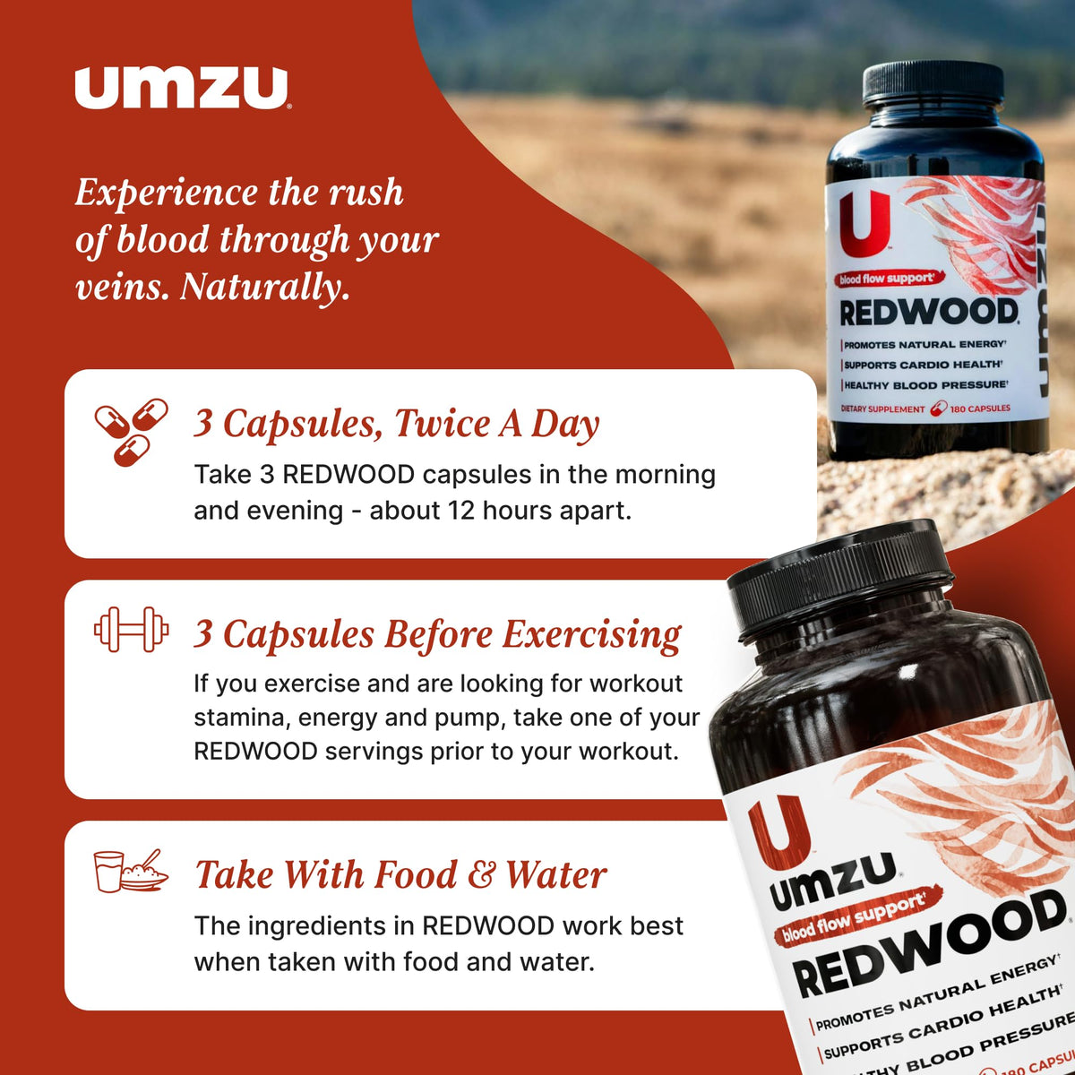UMZU Redwood Max Nitric Oxide Booster, 1-Month Supply – Advanced Nitric Oxide Supplement with Fitnox Blend, Pine Bark, Resveratrol & Tart Cherry – Promotes Healthy Circulation, Energy and Recovery