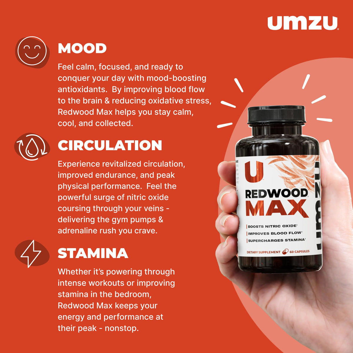UMZU Redwood Max Nitric Oxide Booster, 1-Month Supply – Advanced Nitric Oxide Supplement with Fitnox Blend, Pine Bark, Resveratrol & Tart Cherry – Promotes Healthy Circulation, Energy and Recovery