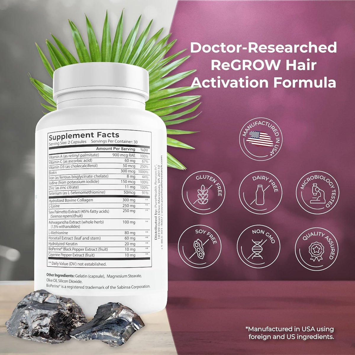 PUREHEALTH RESEARCH ReGrow - Hair Growth Vitamins for Women & Men - 60 Capsules