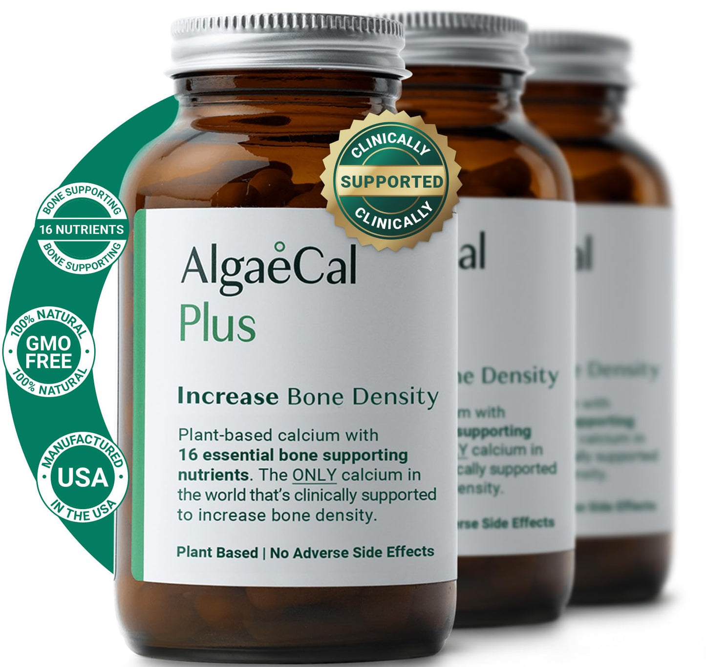 ALGAECAL Organic Red Algae Calcium Supplement for Bone Density & Strength, Vitamin K2 MK7 (100mg), Vitamin D3 (1600 IU), Magnesium (350mg) & Trace Minerals, Easy to Swallow, 120 Veggie Caps