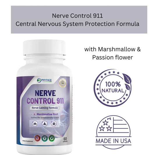 Nerve Control 911 supplement bottle with branding and product details on a white background
