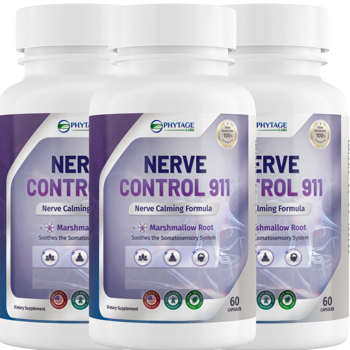 Three bottles of Nerve Control 911 supplement with white and purple labels.