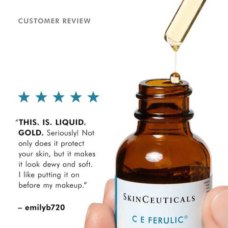 SkinCeuticals C E Ferulic bottle with dropper and customer review text.