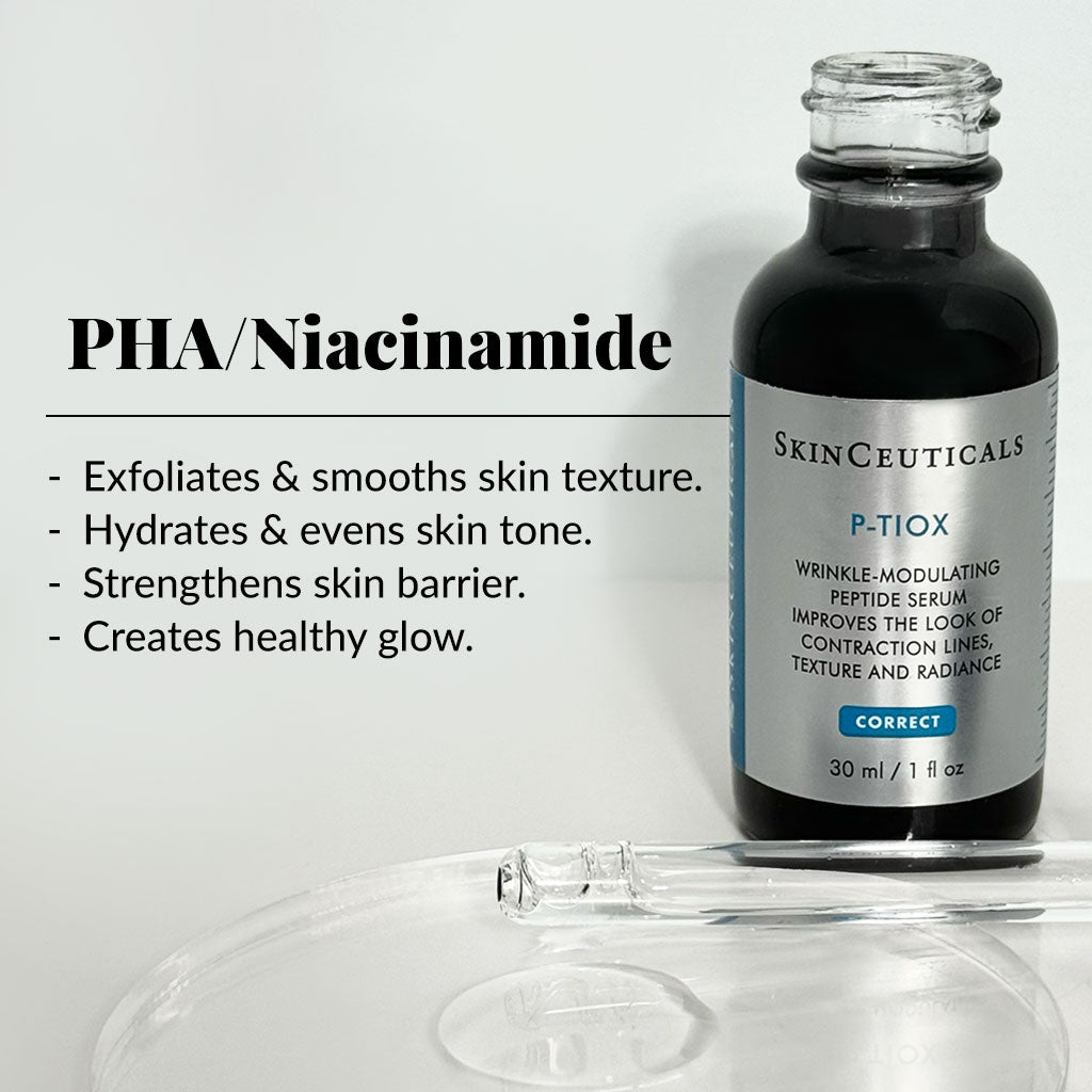 SkinCeuticals P-TIOX serum bottle with product description on a white background