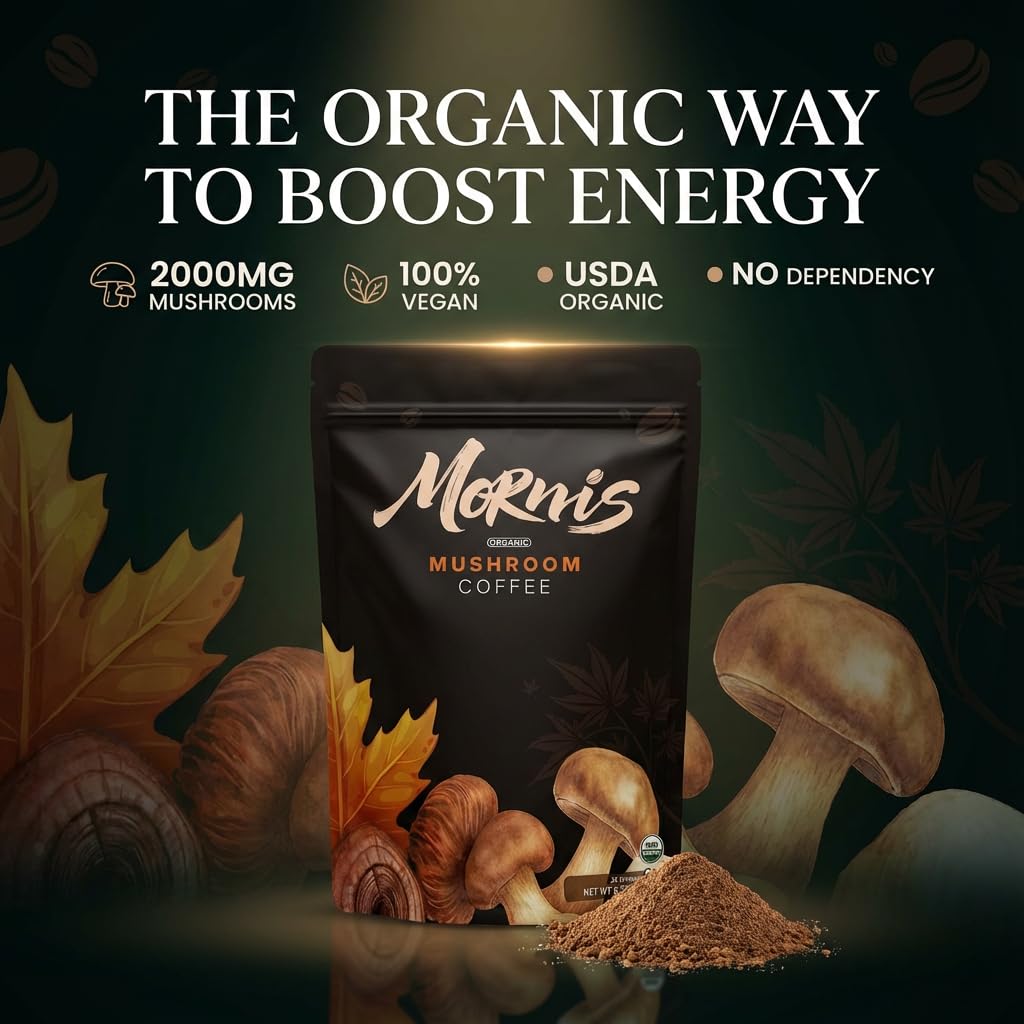 Mornis Mushroom Coffee, Adaptogenic 6 Mushrooms with Lion's Mane, Reishi, Cordyceps, Shiitake, King Trumpet & Turkey Tail, Instant Coffee Powder for Energy, Digestion & Immune Support, 30 Servings