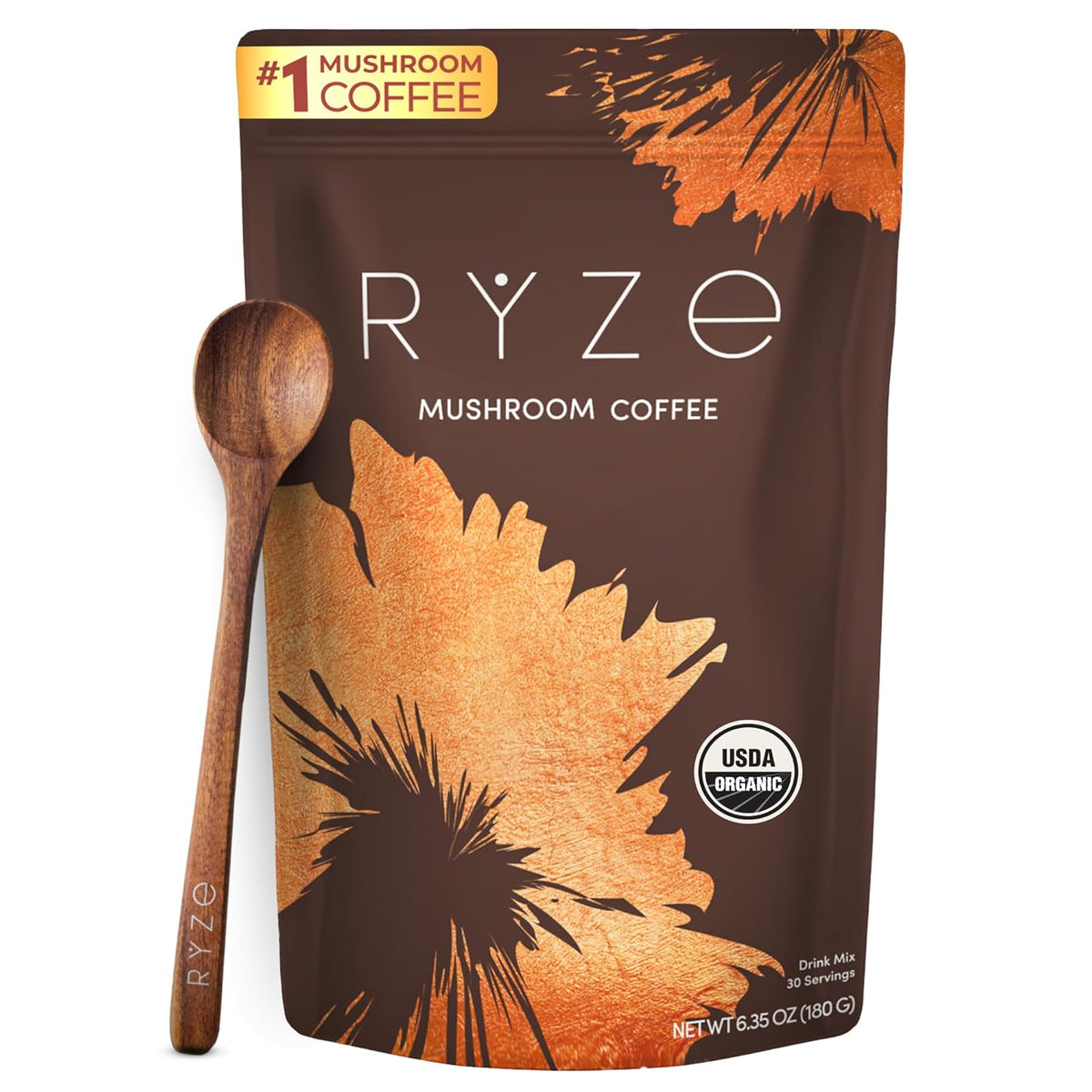 Rye Mushroom Coffee package with a wooden spoon on a white background
