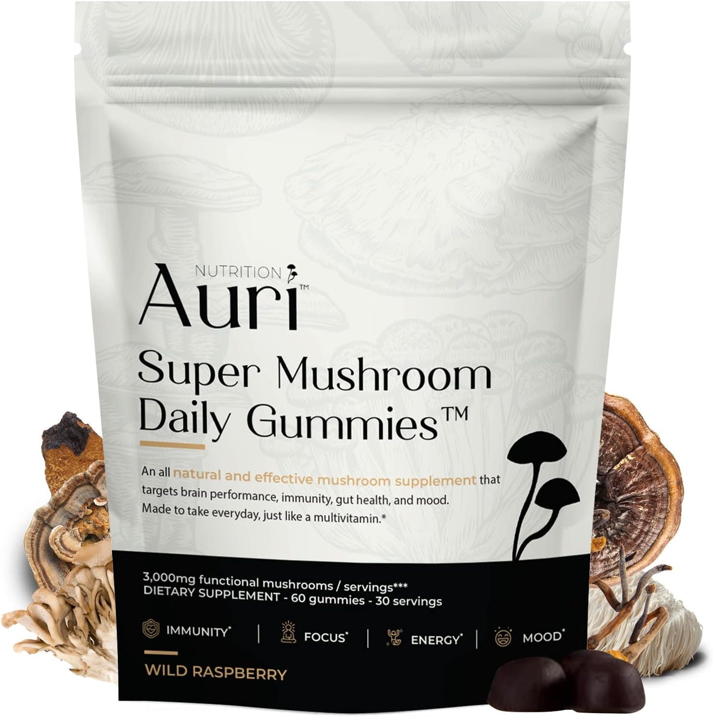 Auri Super Mushroom Daily Gummies 2 Pack - All-in-One Daily Mushroom Supplement Gummy - 12 Mushroom Blend with Chaga, Lions Mane, Reishi, Cordyceps - 60 Gummies