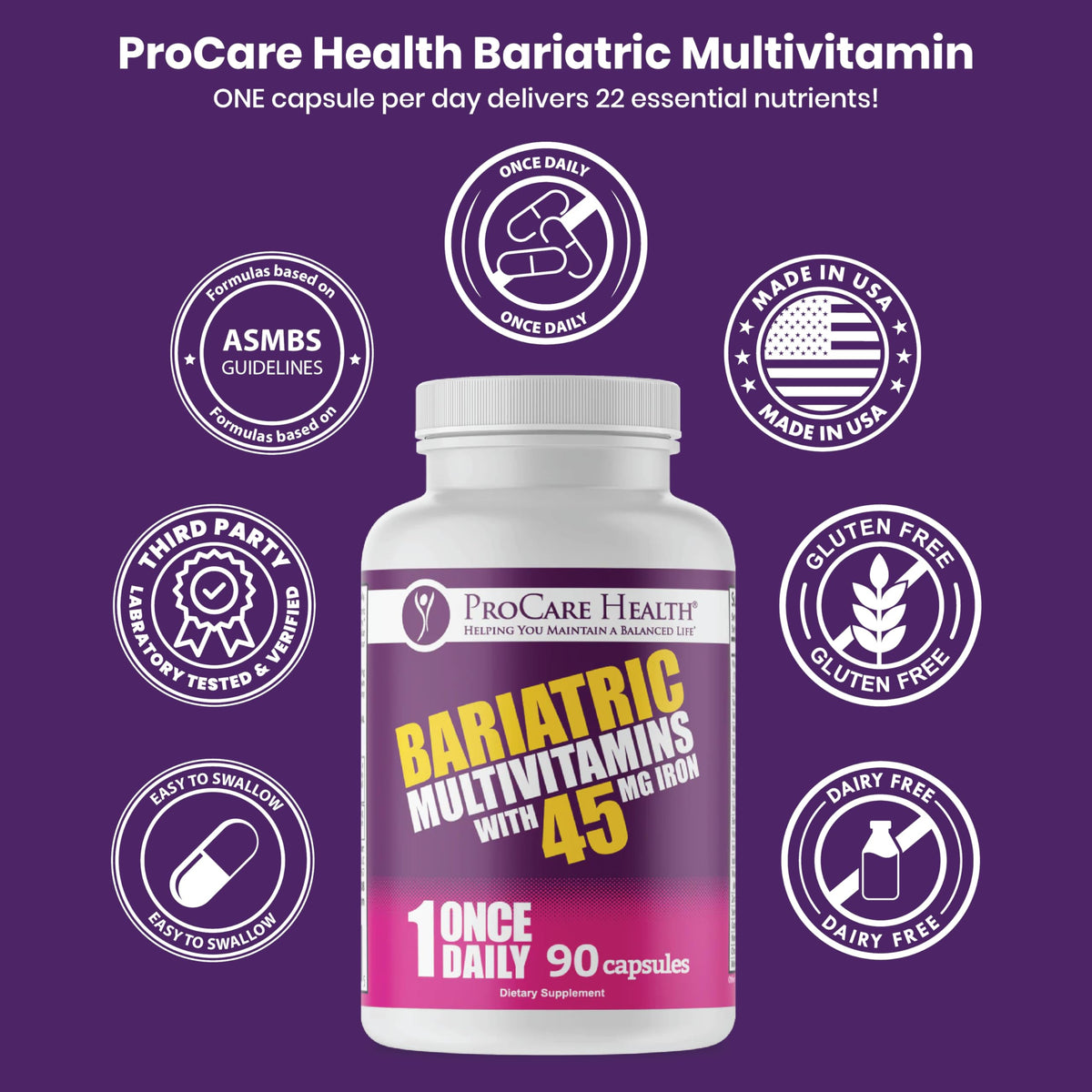 ProCare Health Bariatric Multivitamin 45mg Iron – Once Daily Capsule for Gastric Bypass, Sleeve & Post-Op Support – 90 Easy-to-Swallow Capsules, 3-Month Supply, No Artificial Colors, Gluten-Free