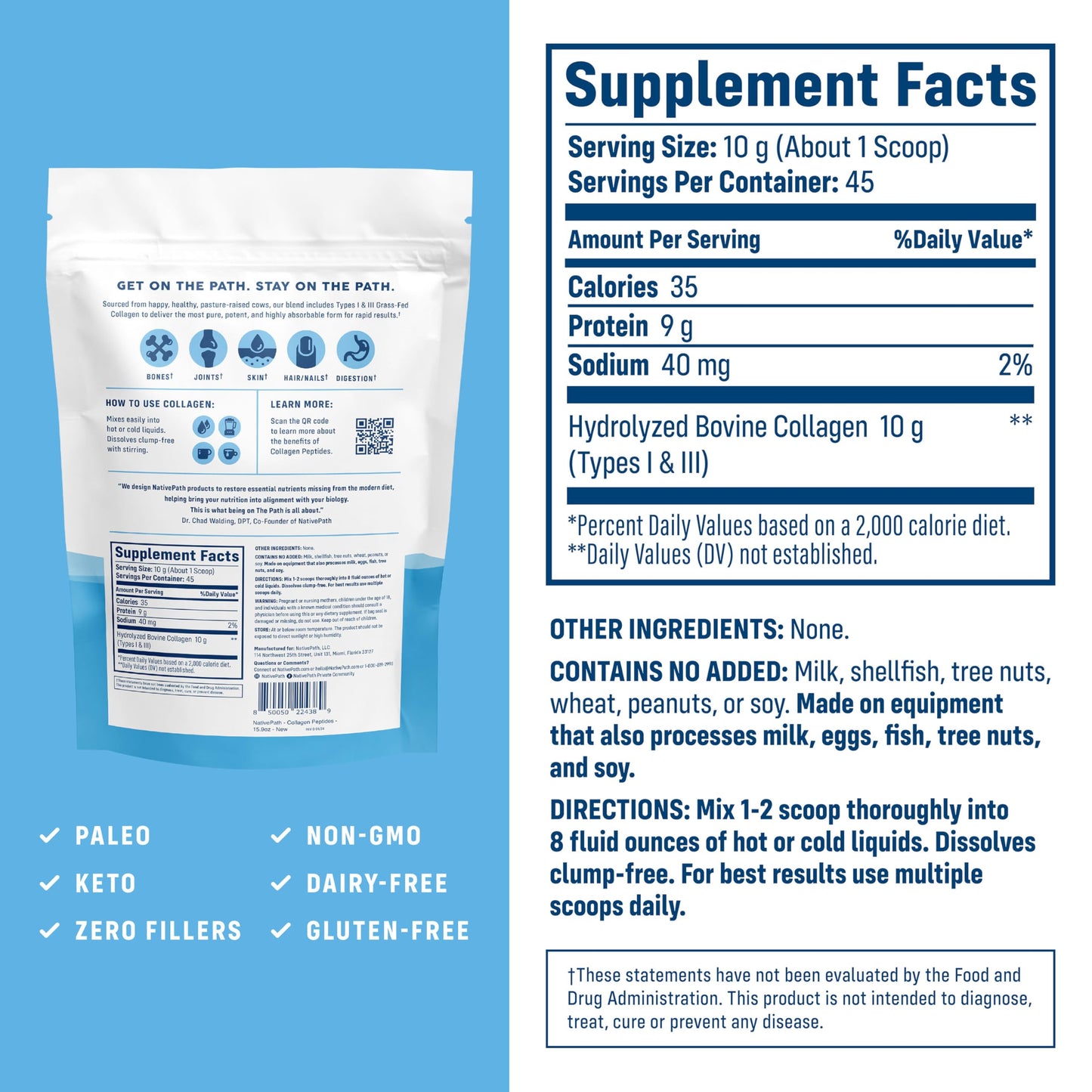 NativePath Collagen Peptides - Hydrolyzed Type 1 & 3 Collagen Powder for Skin, Hair, Nails - 8.8 oz (25 Servings)