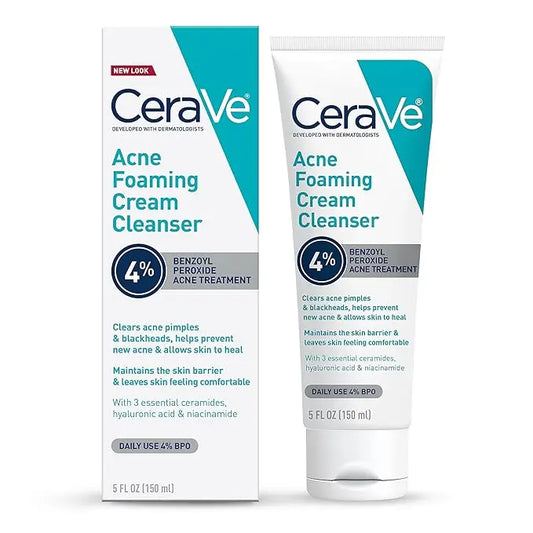 CeraVe Acne Foaming Cream Cleanser | Acne Treatment Face Wash with 4% Benzoyl Peroxide, Hyaluronic Acid, and Niacinamide | Cream to Foam Formula | Fragrance Free & Non Comedogenic | 5 Oz - Nutragole